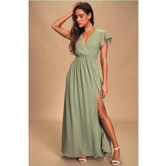 Lulu’s Green Waist Chiffon Front Slit Maxi Formal Sage Brush Dress Women Sz S - Picture 1 of 13
